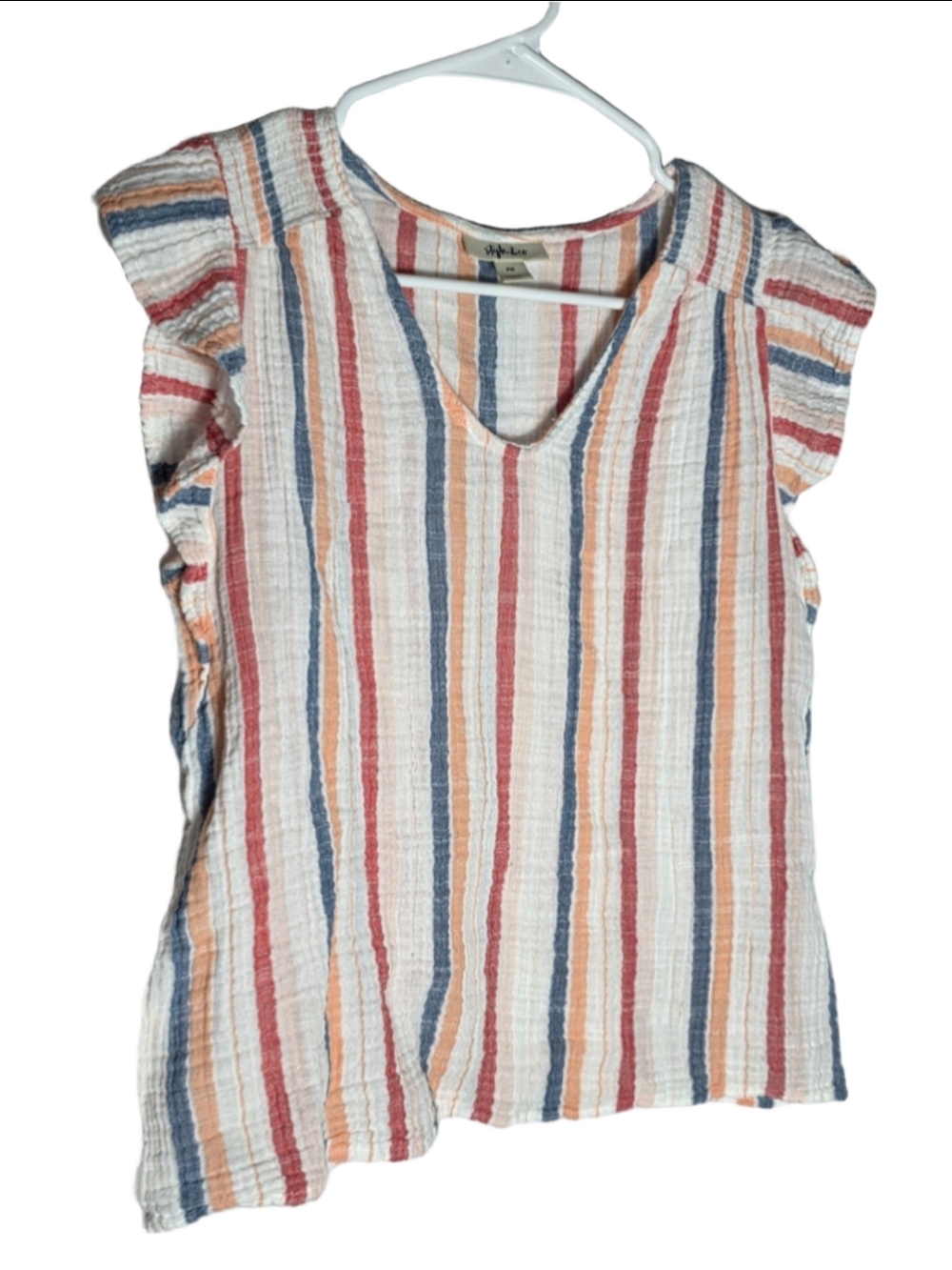 Women's Style & Co Striped Ruffle Sleeve Blouse Petite MP White coral blue beach